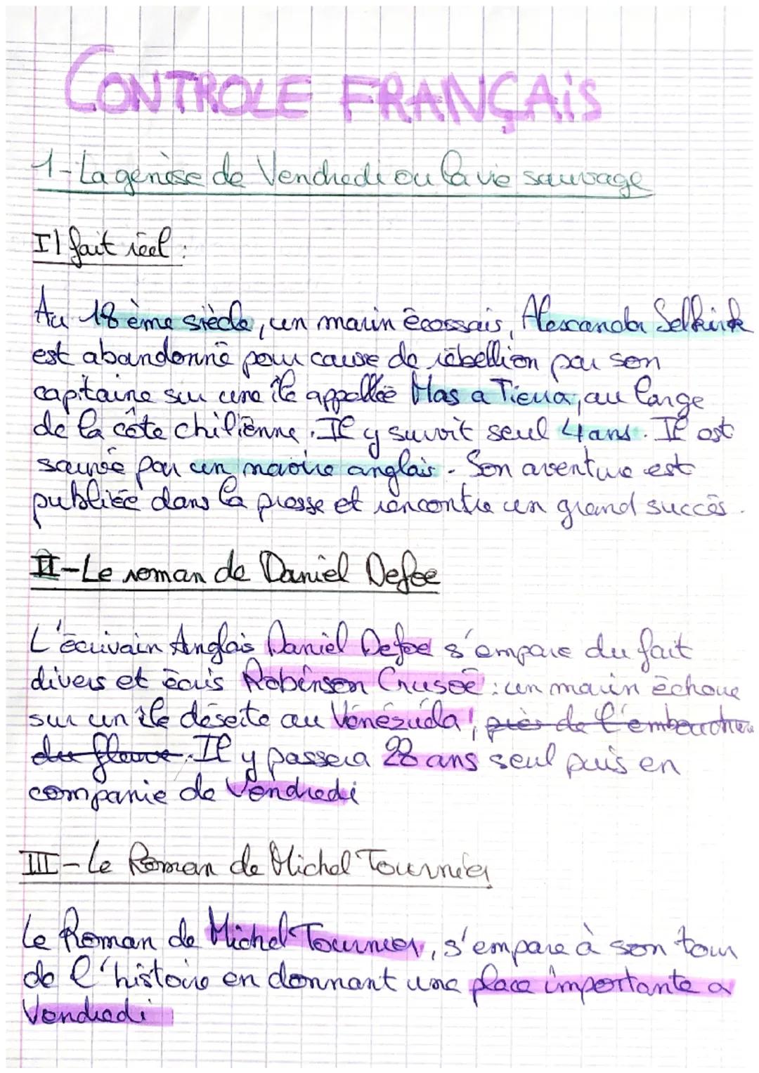 CONTROLE FRANÇAIS
1- La génese de Vendredi eu lave sauvage
Il fait reel:
Au 18 ème siècle, un marin écossais, Alexander Selkirk
est abandonn