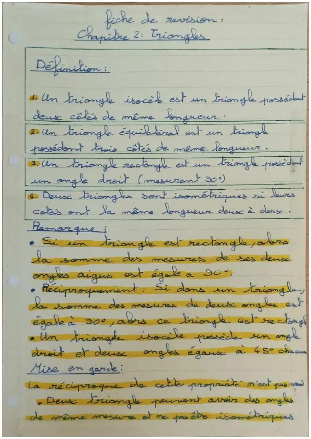 leçon de mathématiques sur les triangles