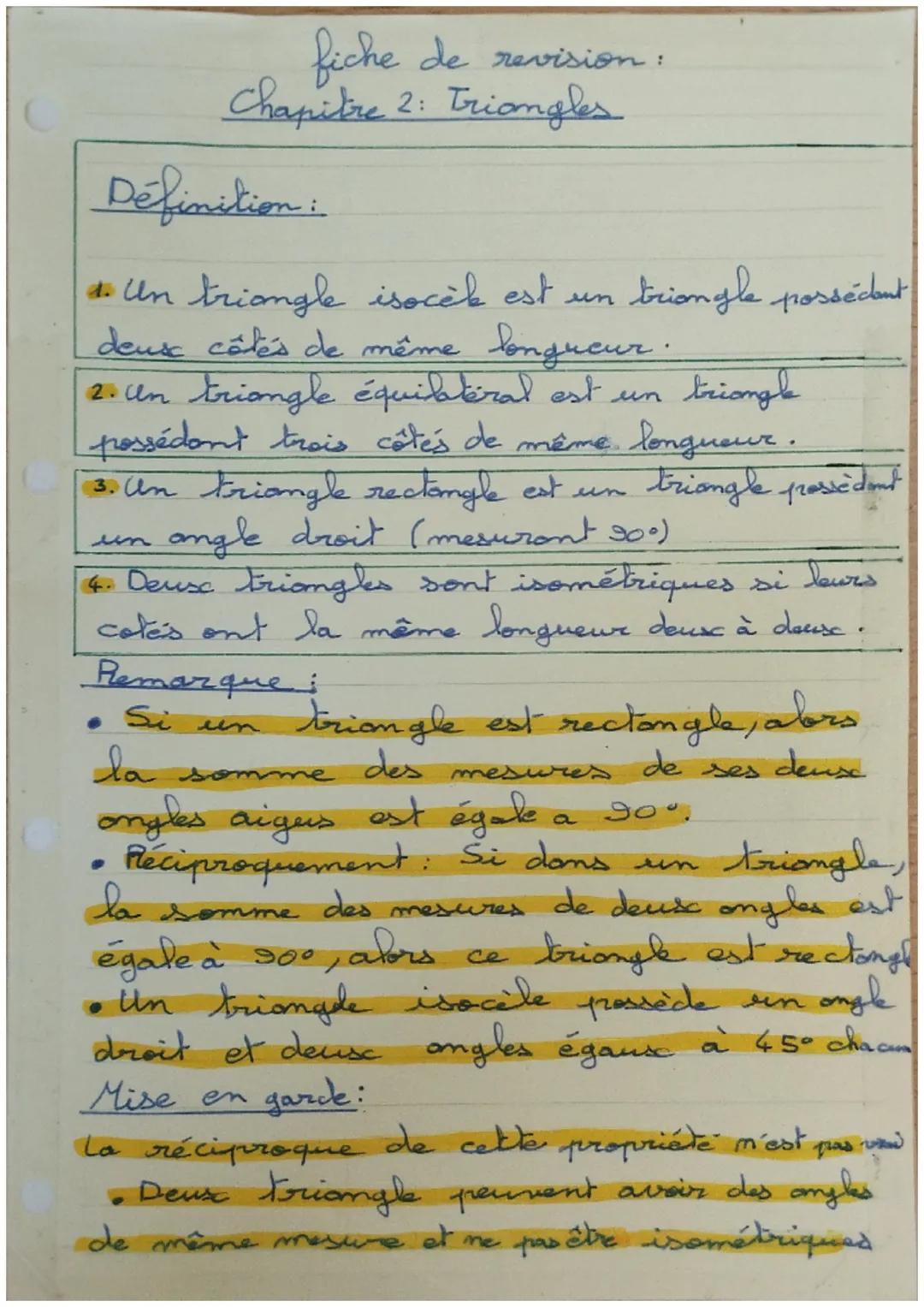 fiche de revision:
Chapitre 2: Triangles
Définition:
triangle possécent
un
Un triangle isocèle est
deux côtés de même longueur.
2. Un triang