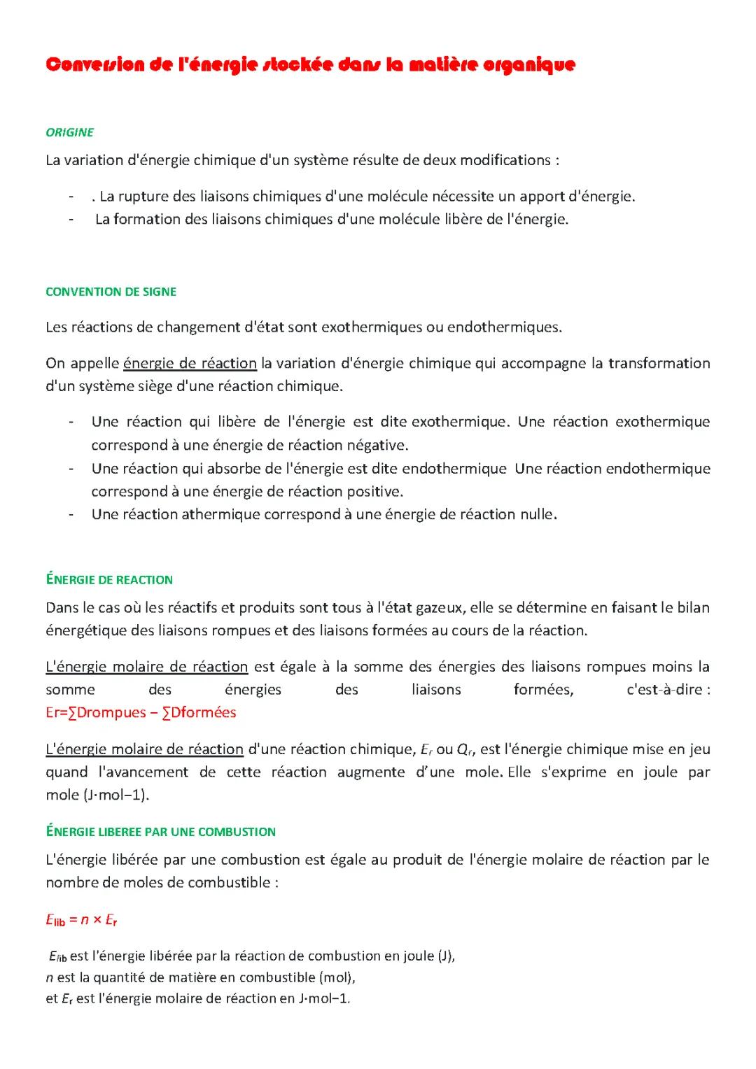 Conversion de l’énergie stockée dans la matière organique