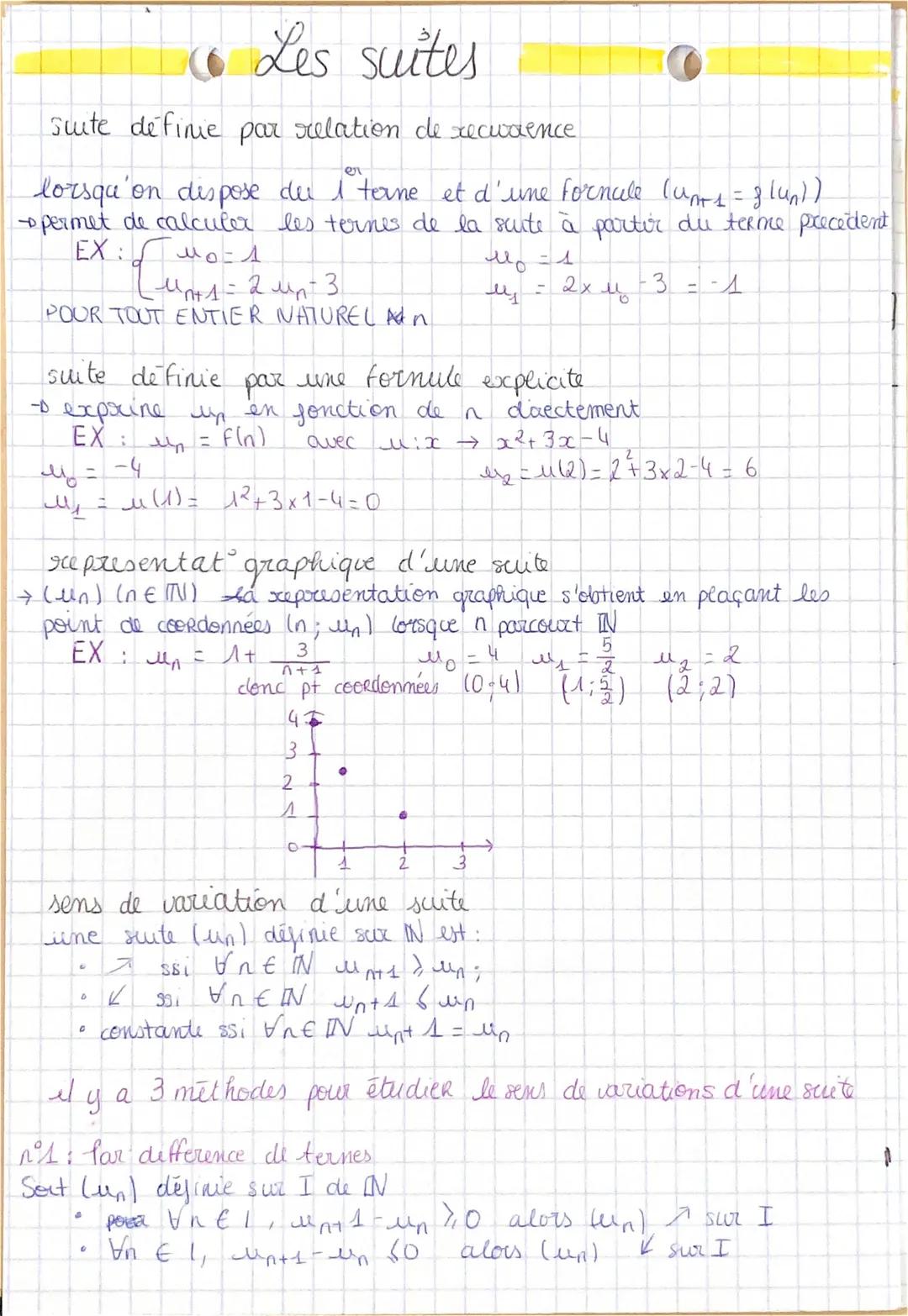 Les suites
suite défime par relation de xecwaence
er
lorsqu'on dispose du 1 terne et d'une fornale ($u_{n+1}=g(u_n)$)
permet de calculer l