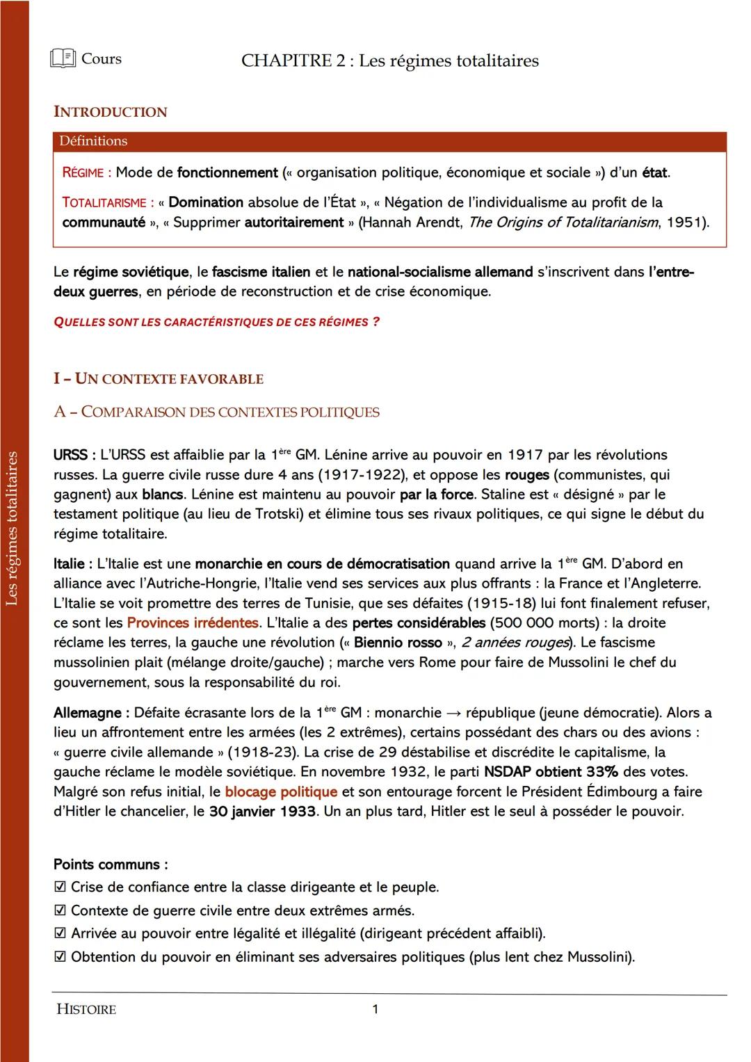 # Cours
CHAPITRE 2: Les régimes totalitaires
INTRODUCTION
Définitions
RÉGIME: Mode de fonctionnement (< organisation politique, économiq