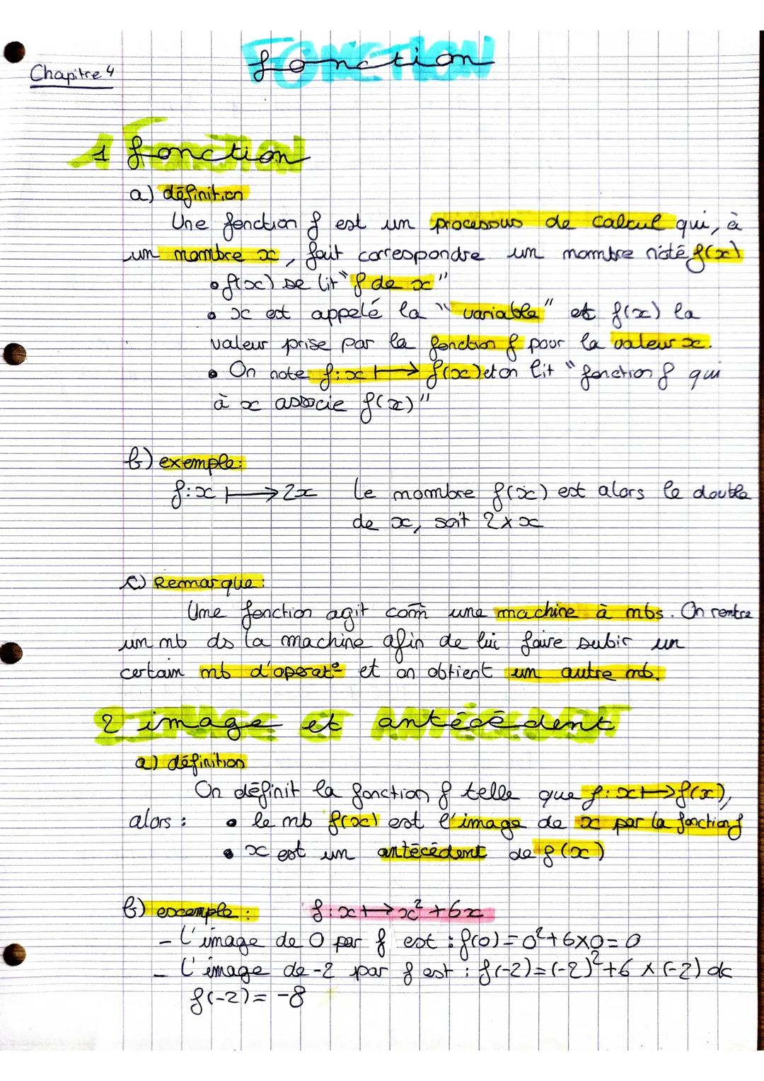 Chapitre 4
& fonction
a) definition
Une fonction & est un processus de calcul qui, à
un membre x faut correspondre. un nombre noté grat
oflo