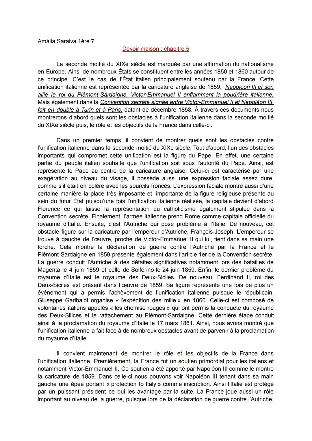 Amàlia Saraiva 1ère 7
Devoir maison : chapitre 5
La seconde moitié du XIXe siècle est marquée par une affirmation du nationalisme
en Europe.