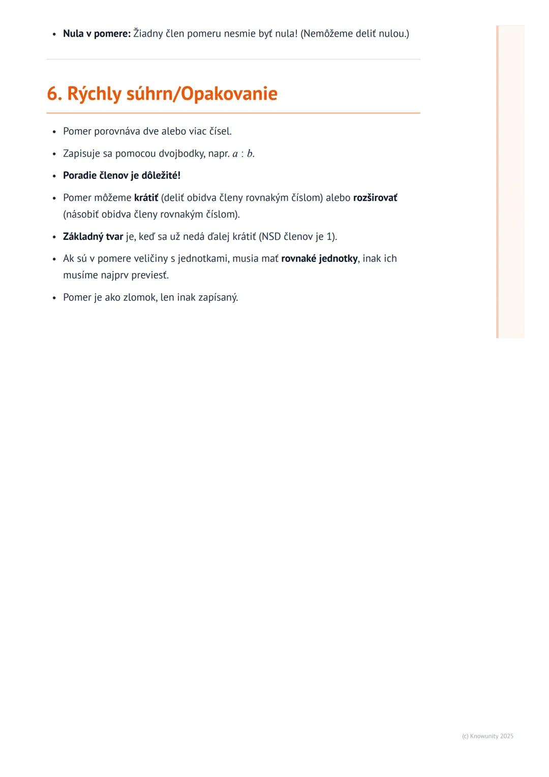 # Pomer
1. Prehľad pomeru
Pomer je spôsob, ako porovnávame dve alebo viac čísel, ktoré hovoria o množstve
niečoho. Ukazuje nám, koľkokrát