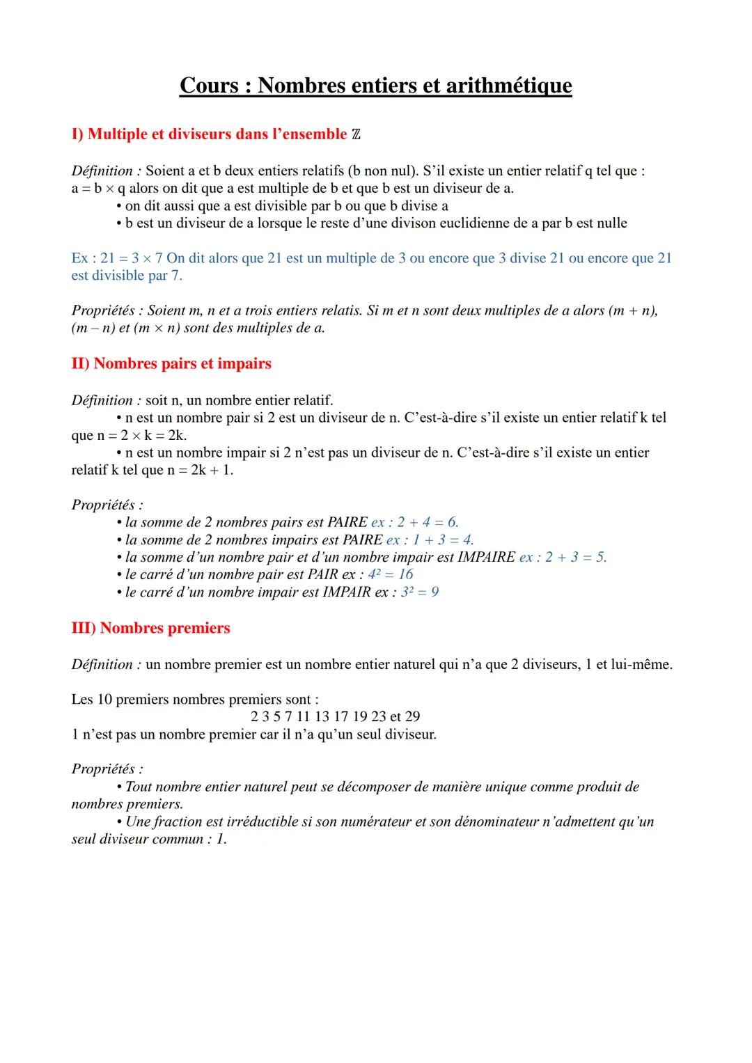 # Cours: Nombres entiers et arithmétique
1) Multiple et diviseurs dans l'ensemble Z
Définition: Soient a et b deux entiers relatifs (b non