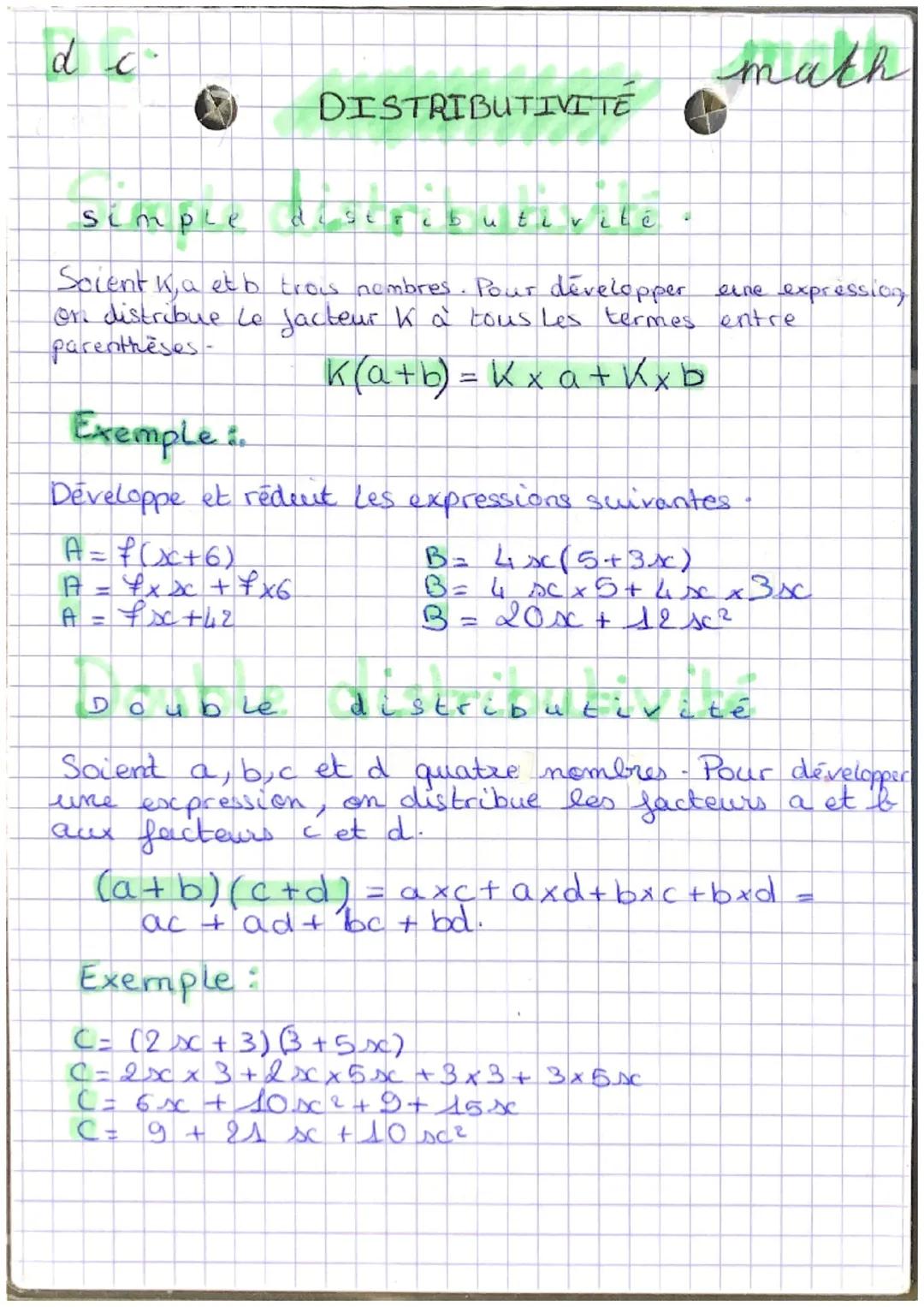 dc
math
# DISTRIBUTIVITÉ
## simple distributiviké
Scient Ka et b tras nombres. Pour développer eine expression
or. distribue le facteur k à