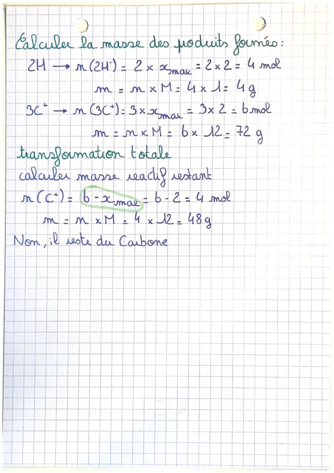 tableau d'avancement)
equation non equilibúe, n'existe
seit juste d'exemple
equation
avancement
initial
inter.
final xmar
Calculer avancemen