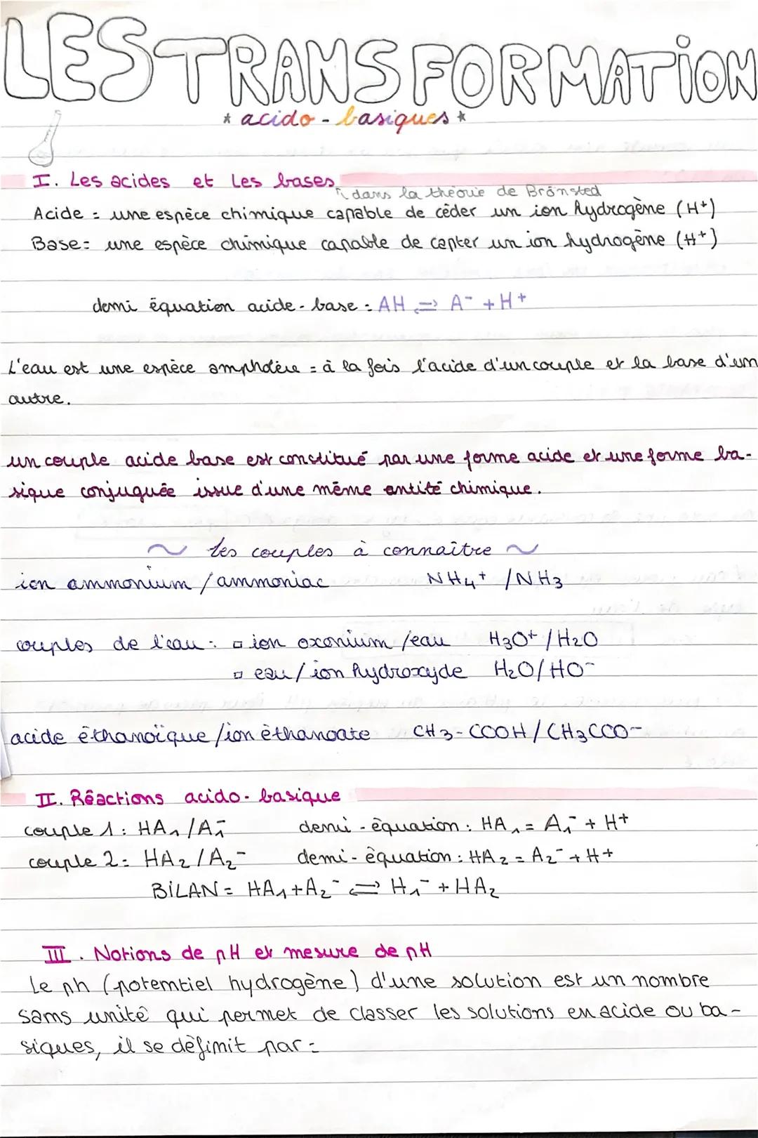 LES TRANSFORMATION
* acido-basiques &
$
I. Les acides. et les bases
dans la the oue de Bronsted
Acide une espèce chimique capable de cèder u
