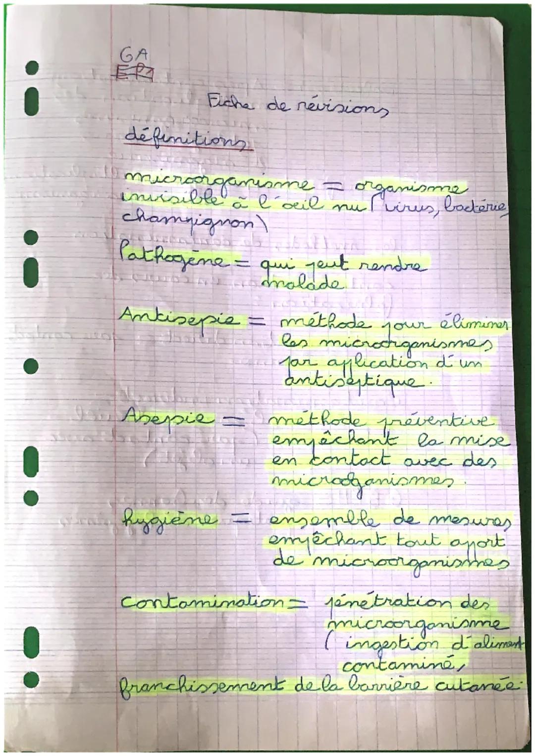 :
GA
EP
Fiche de révisions.
définitions
i
•
microorganisme = organisme
invisible à l'oeil nu virus, Jeirus, bactérie
champignon)
Pathogène =