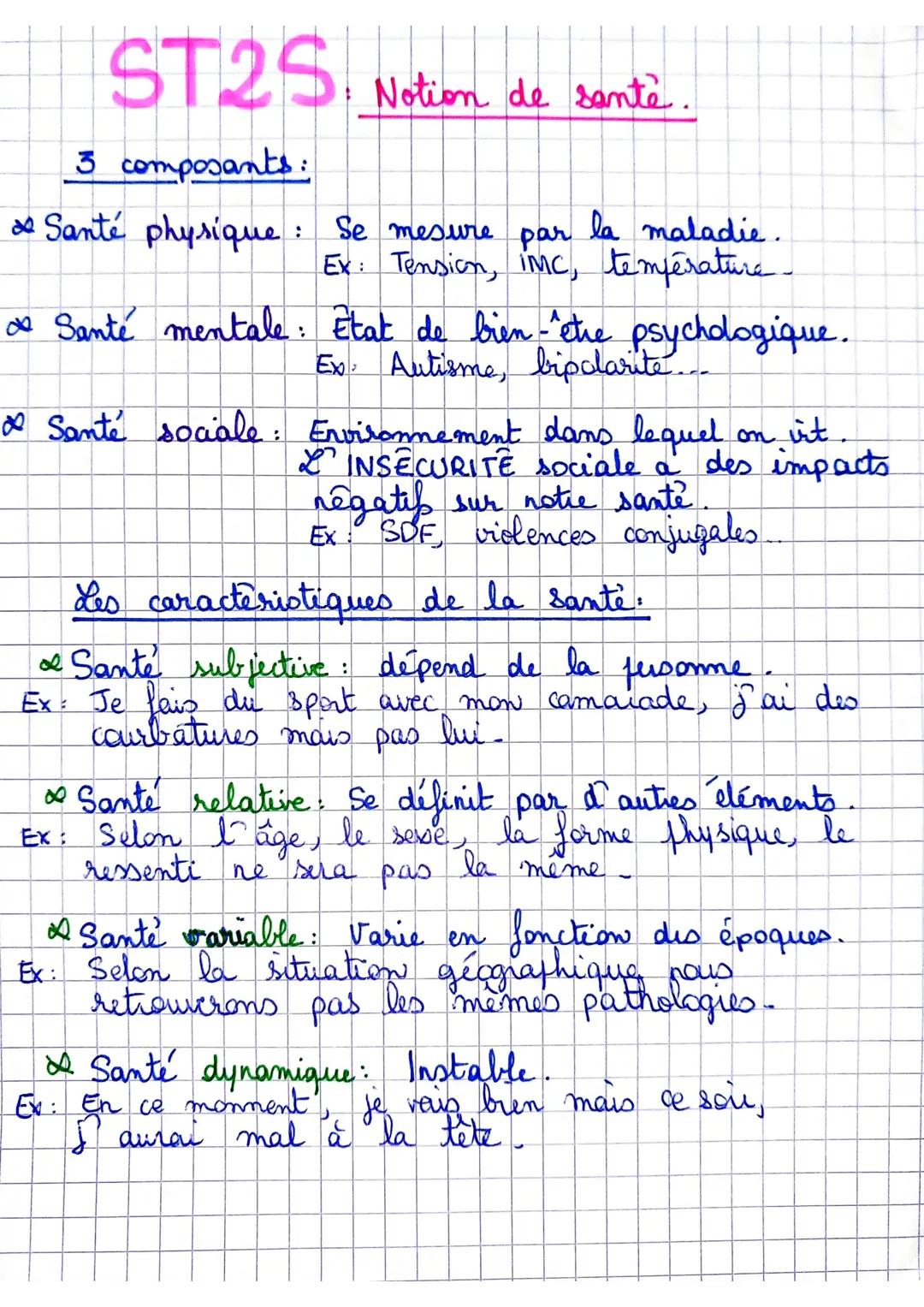 # ST2S, Notion de santè.
3 composants:
* Santé physique: Se mesure par la maladie.
Ex: Tension, IMC, température.
* Santé mentale