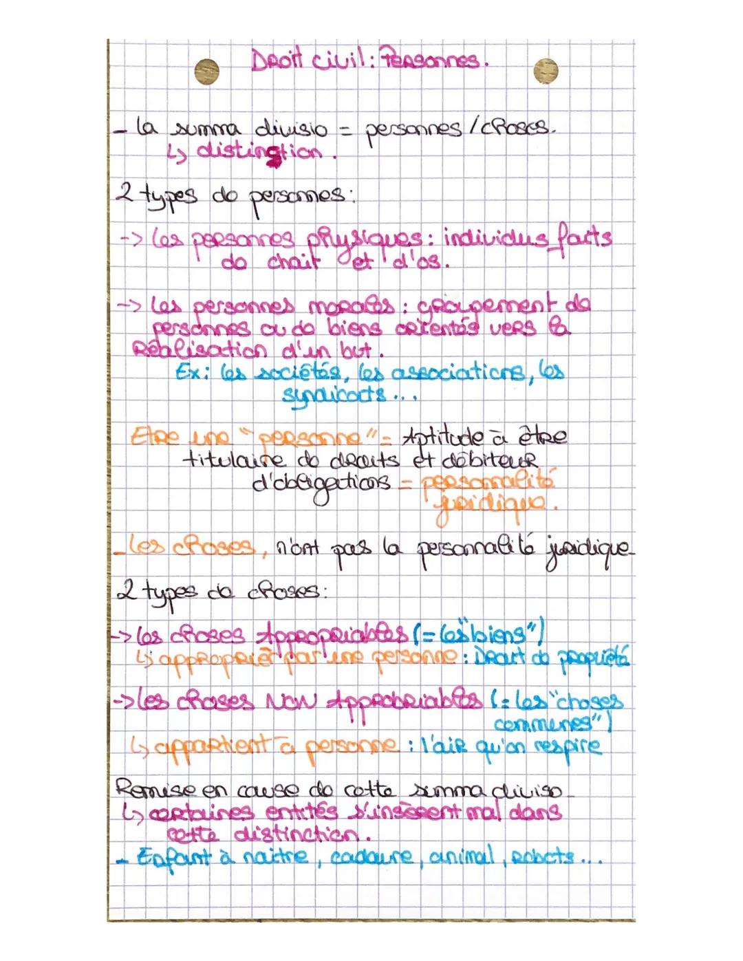 Droit civil: Tersonnes.
- la summa divisio
distinction
2 types do person
-
personnes:
personnes / choses.
-> les personnes physiques: indivi