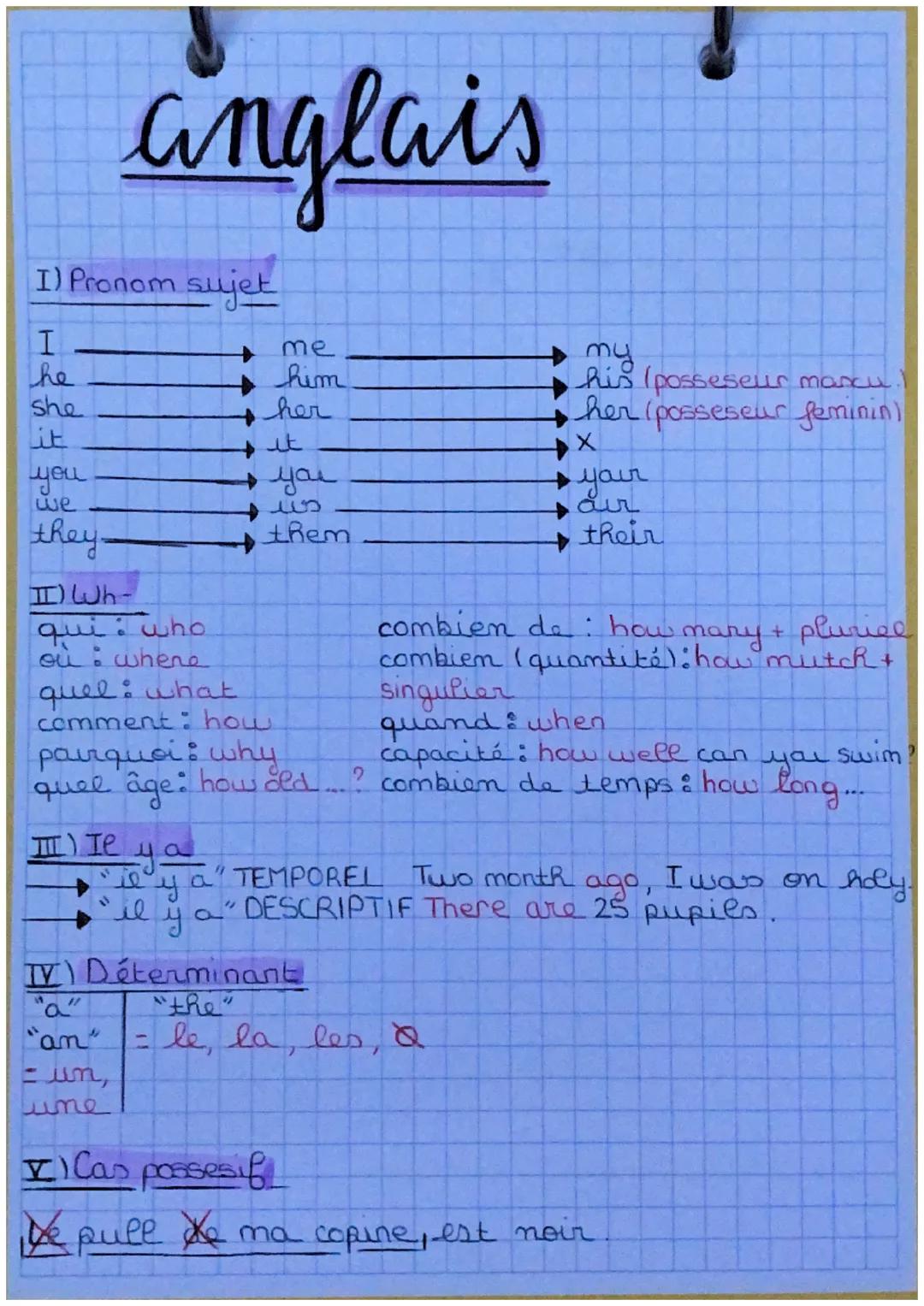 anglais
I) Pronom sujet
I
he
she
it
you
we
they
→ me
→ him
→ her
→ it
→ you
→ us
→ them
→ my
→ his (posseseur mancu.
→ her (posseseur fe