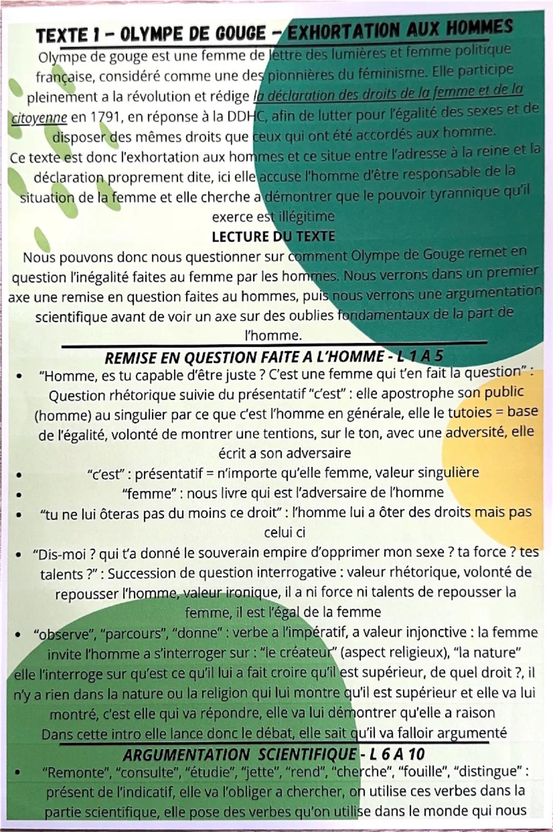 TEXTE 1-OLYMPE DE GOUGE - EXHORTATION AUX HOMMES
Olympe de gouge est une femme de lettre des lumières et femme politique
française, considér