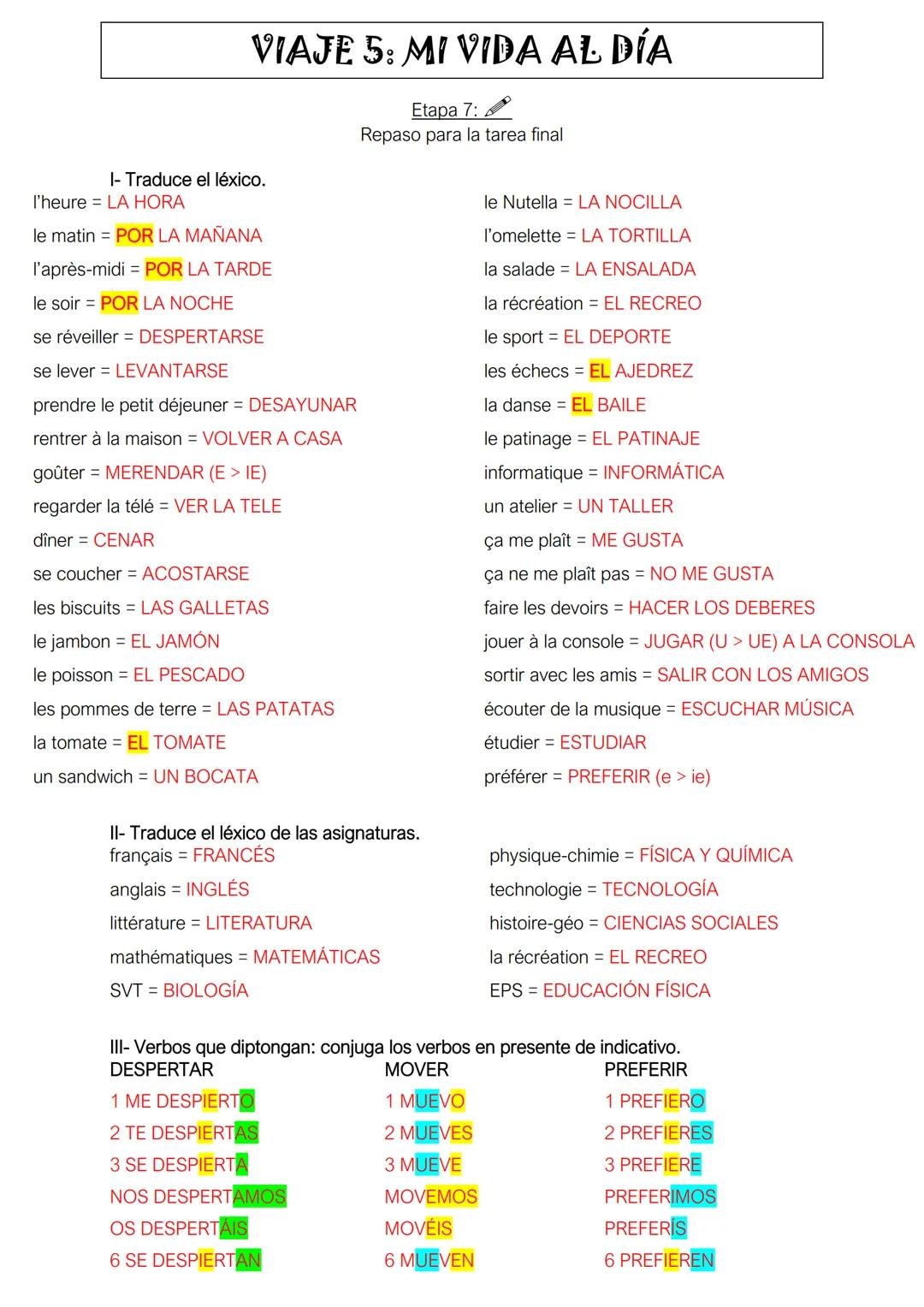VIAJE 5: MI VIDA AL DÍA
Etapa 7:
Repaso para la tarea final
I- Traduce el léxico.
LA HORA
l'heure
le matin POR LA MAÑANA
l'après-midi = POR