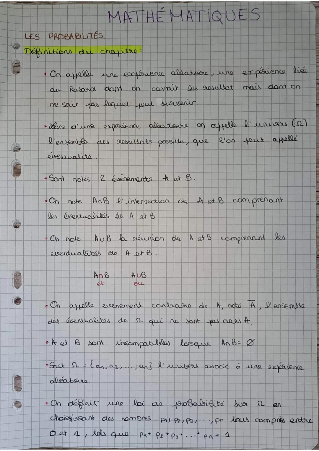 MATHÉMATIQUES
LES PROBABILITÉS.
Définitions du chapitre :
* On appelle une expérience aléatoire, une expérience liée
au Rasard dont on c