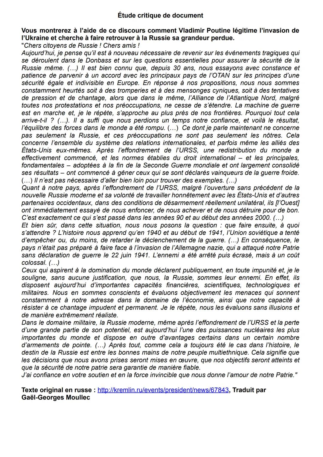 Rédaction sur un discours de Poutine