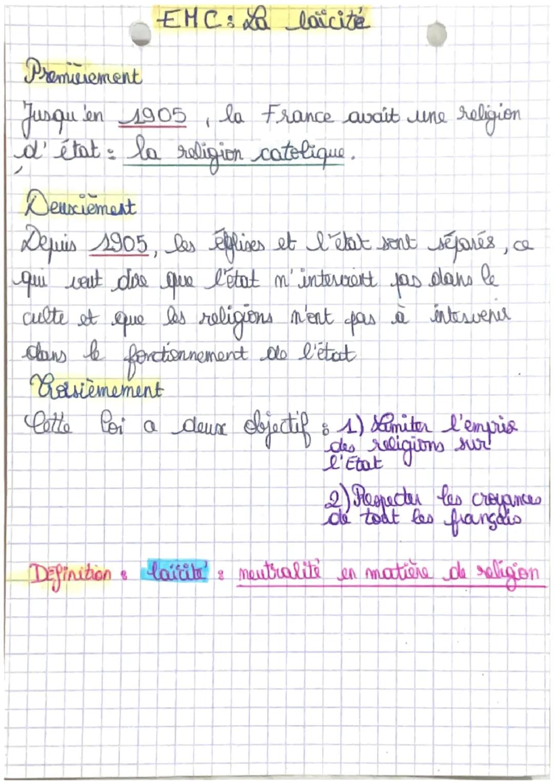 EMC: La laïcité
Premiciement
(
Jusqu'en 1905 la France avait une religion.
d'état: la religion catolique.
Deuxiement
Depuis 1905, les église