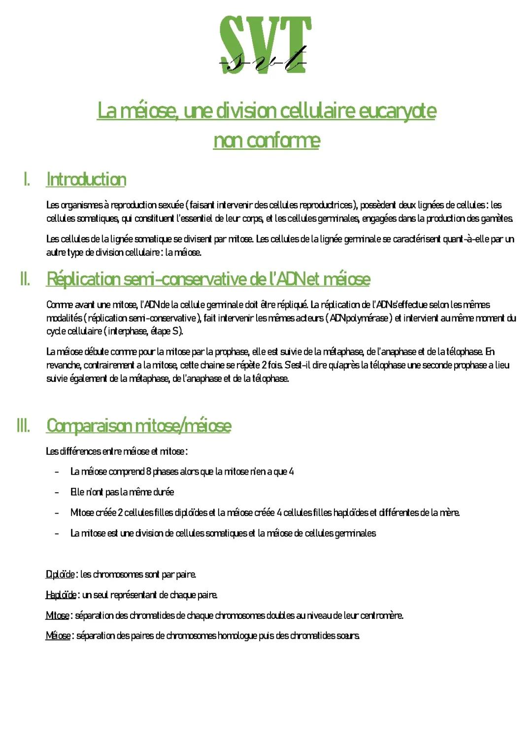 La méiose division cellulaire eucaryote non conforme