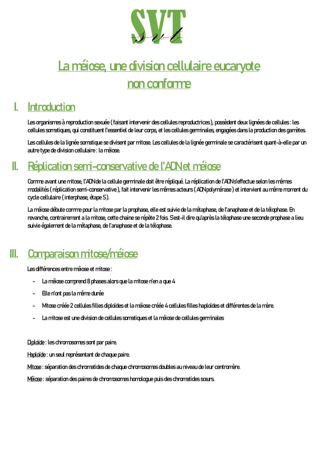 SVT
La méiose, une division cellulaire eucaryote
non conforme
I. Introduction
Les organismes à reproduction sexuée (faisant intervenir des c
